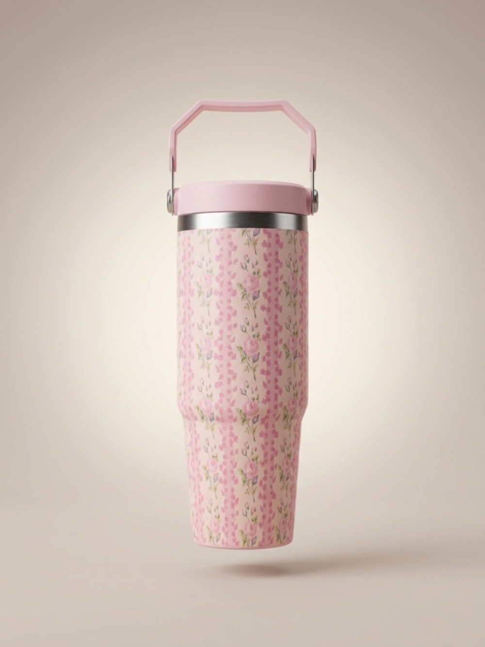 Pink Floral Tumbler with Handle | 30oz